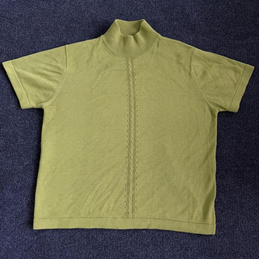 Vintage S.M.L. Design Sweater Womens L Green Mock Neck Tight-Knit Short Sleeve